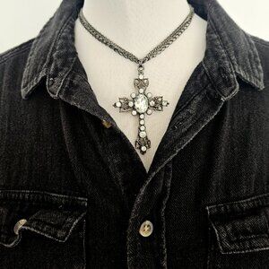 Vintage Rhinestone Edwardian Cross Pendant Necklace Women Goth Gray Black